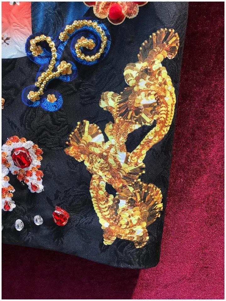 Luxury Vintage Palace Printed Women Vests Dress Elegant Rhinestone Beads Small Gown Dress O-neck Elegant Sleeveless A-line Dress