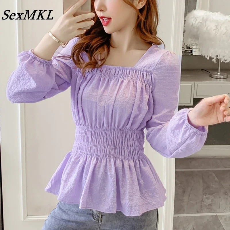 Vintage Purple Corset Top Blouses Women 2024 Fashion Autumn Long Sleeve Chiffon Shirts Korean Sexy French y2k Slim White Blouse