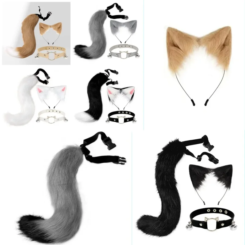 Fashion Fox Cat Ears Headwear Fluffy Animal Ears Headband Ears Hair Hoop and Tail Set for Halloween Party Cosplay Accessories