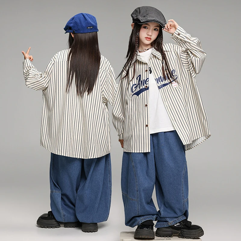 Girls Hip Hop Dance Costume Oversize Strip Shirt Denim Pants Kids Street Dance Clothes Hip Hop Dancer Stage Wear Streetwear 2288