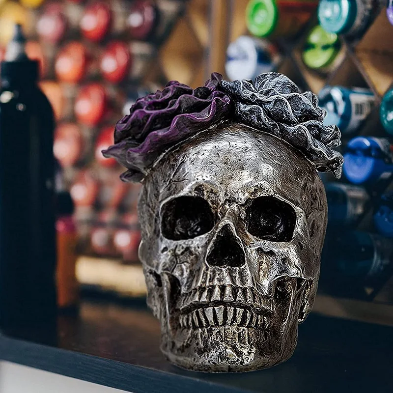 Home Decor Day of Dead Purple Grey Rose Silver Skull Resin Figurine Halloween Skull Statues decoration