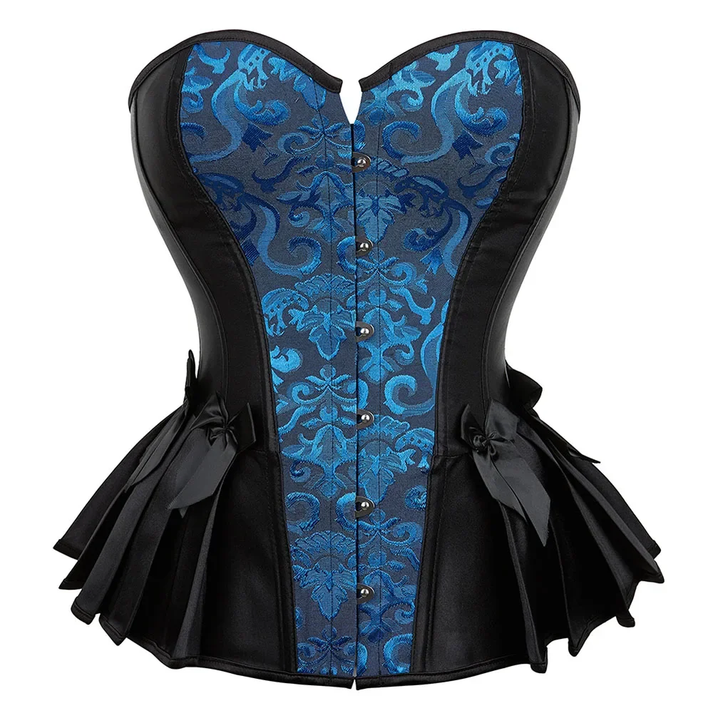 

Women Overbust Corset Vintage Jacquard Satin Fashion Pleated Hem Bustier Top Gothic Body Shaper Corselet