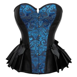 Women Overbust Corset Vintage Jacquard Satin Fashion Pleated Hem Bustier Top Gothic Body Shaper Corselet