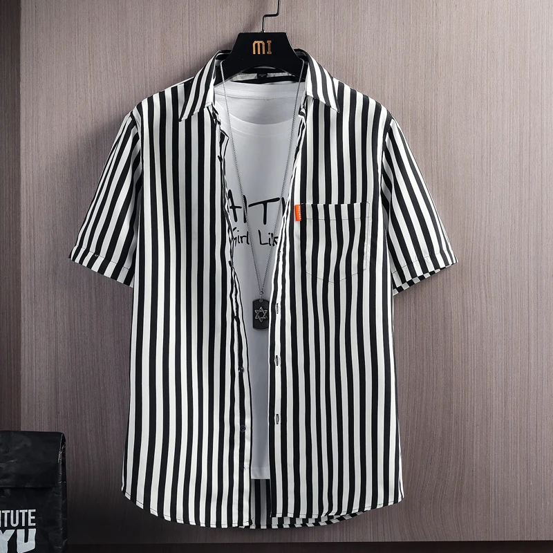 

Men's Short Sleeve Slim Fit Shirt Trendy Korean Style Summer Thin Casual Striped Clothing Youth Fashionable City Wear