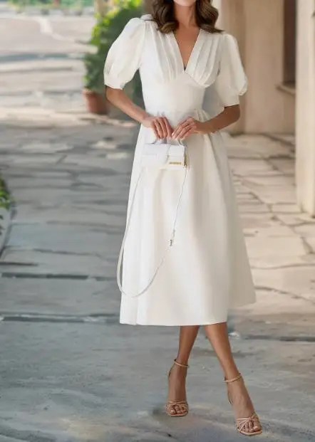 

Summer 2025 New Product Women's Elegant Pure-Color V - Neck Puff Short Sleeve Midi Dress Pleated Bodice with A - Line Skirt