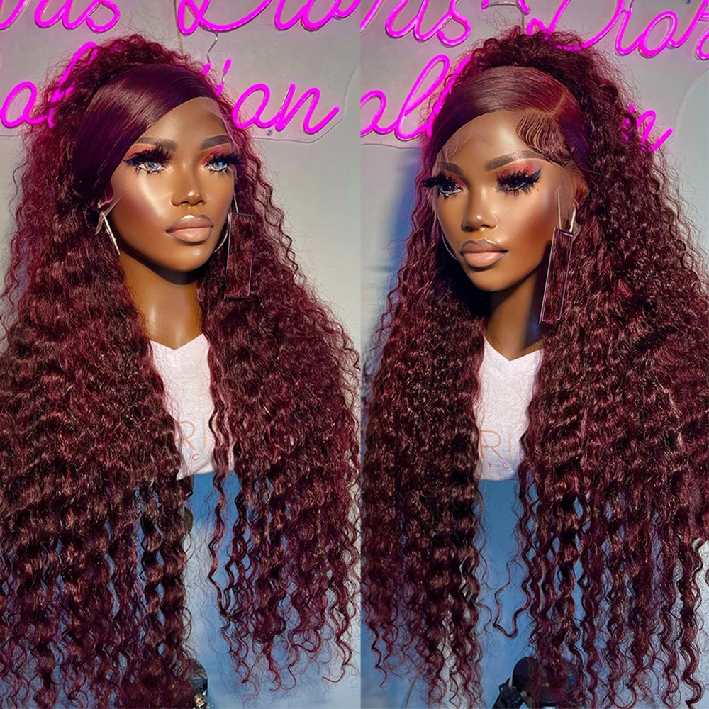 99J Burgundy Color Deep Wave Glueless Wigs 13×6 HD Transparent Lace Front Wigs 36 Inch 400 Density 100% Human Hair Wig For Women