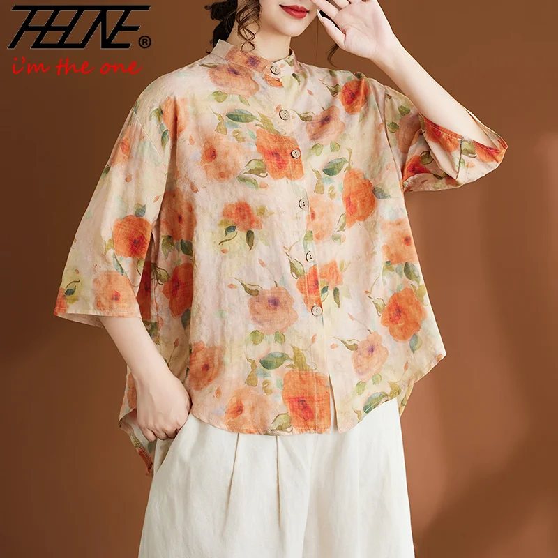 

THHONE Fashion Summer Woman Blouse 2025 Indian Cotton Linen Blusa Mujer Camisas Casual Korean Elegant Vintage Women's Clothing