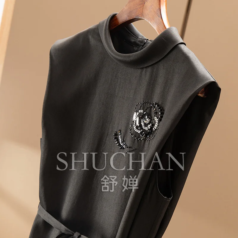 جديد أنيق جدا! فستان نسائي من الحرير الفرنسي G على الوجهين من الساتان والخرز المطرز بخصر بدون أكمام 0Y89