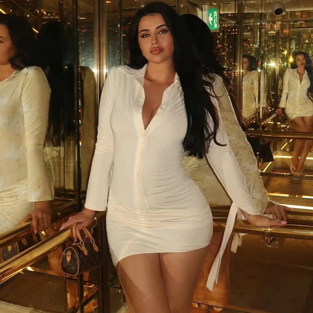 فستان Blifanbo عميق بياقة على شكل V غير منتظم قصير للنساء بأكمام طويلة وأزرار مطوي وخصر عالٍ فستان قميص مثير للخريف