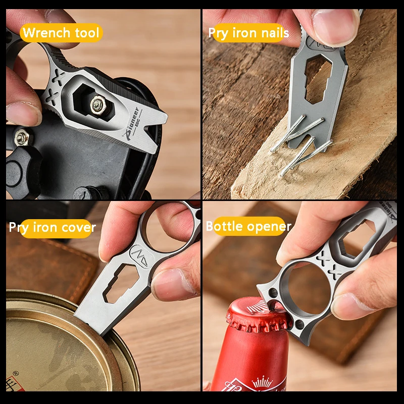 Palanca multifuncional de aleación de titanio con hebilla, abridor de botellas con orificio, llave de especificación múltiple, herramienta EDC para acampar al aire libre