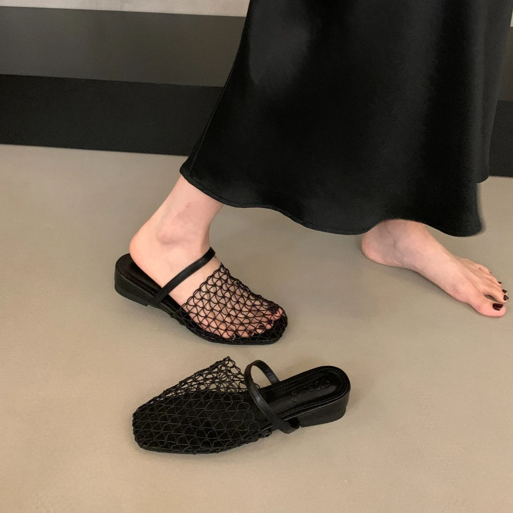 Ins Wedge Black Hollow Mesh Jelly Shoes Summer New Woven Fishnet Slippers Seaside Vacation Women Soft Sole Sandals