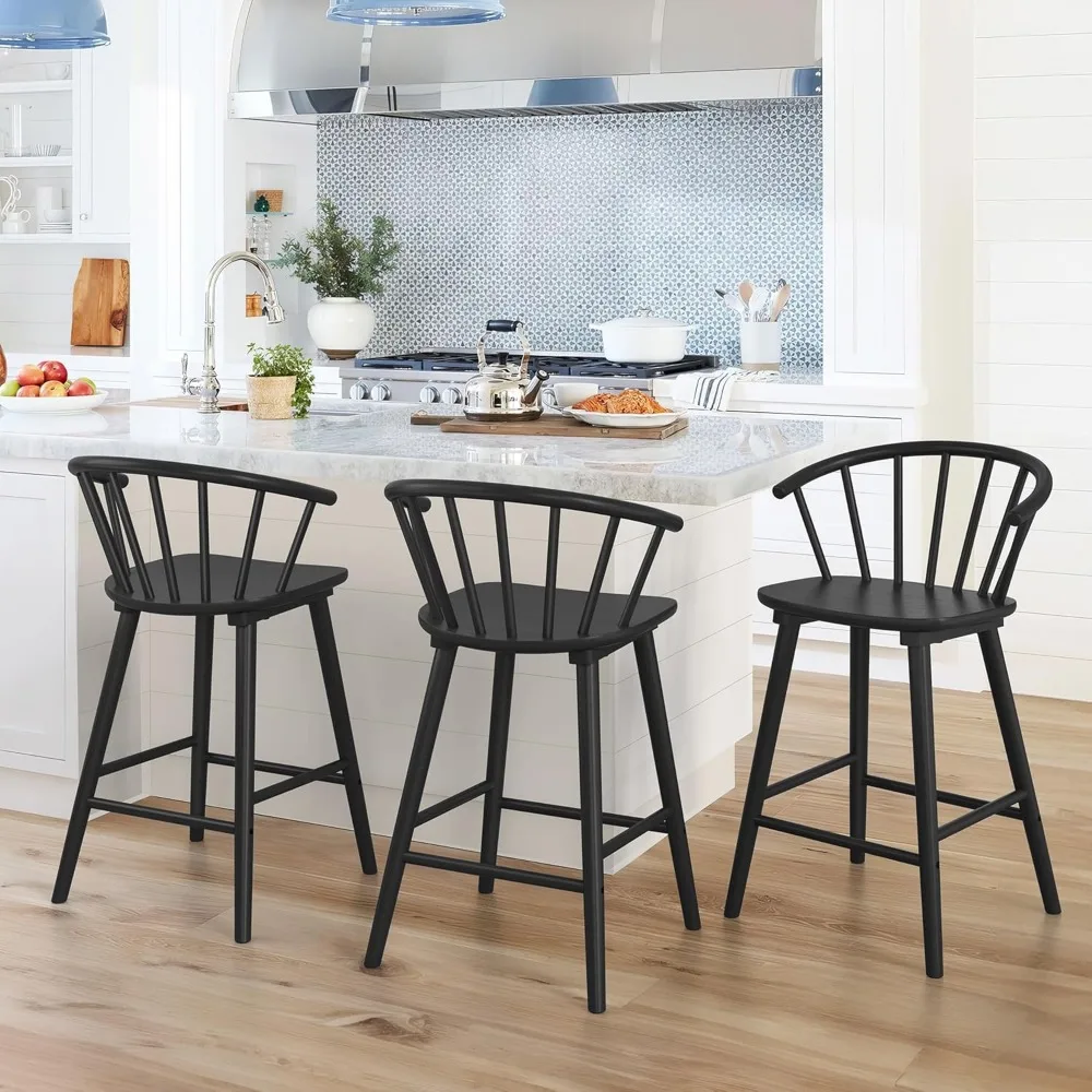 

Wood Bar Stools with Semicircular Backrest, Black Farmhouse Barstools Set of 3, Modern Counter Height Bar Stools for Kitchen Is
