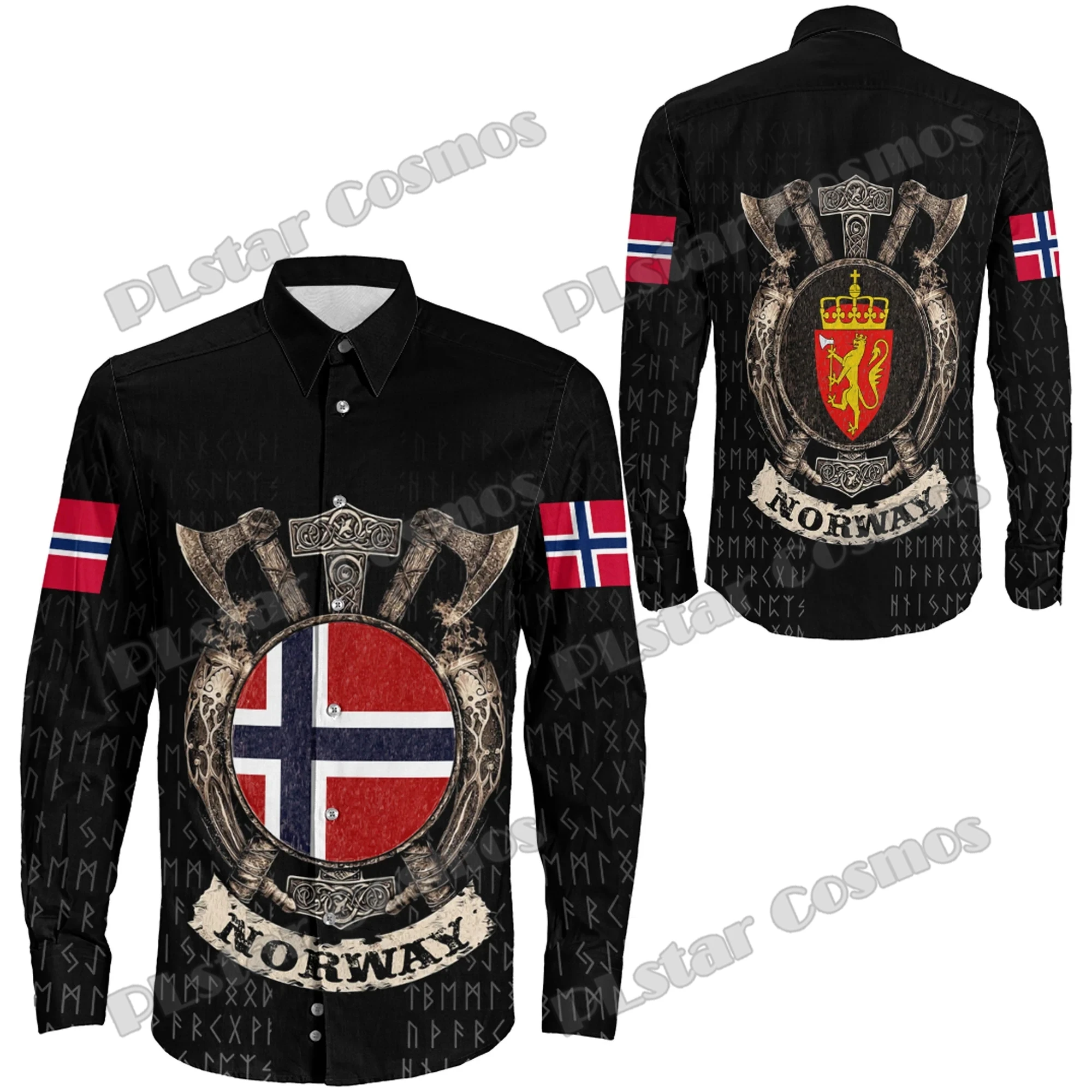 Eropa Utara Negara Tato Denmark Perisai 3D Dicetak Fashion Pria Lengan Panjang Tombol Kemeja Musim Semi Pria Kasual Kerah Kemeja CXS53