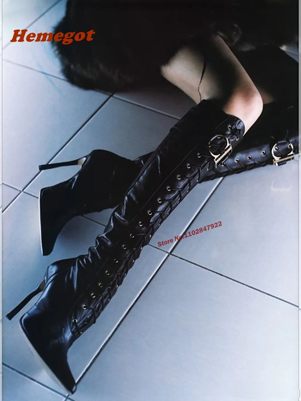 

Pointy Stiletto Lace Up Solid Black Women's Shoes Cross-Tied Knee High Boots Leather Thin High Heels Elegant Luxury Boots Female