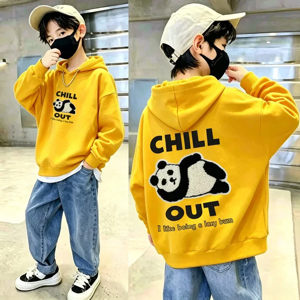 Casual-style hooded sweatshirt for children; suitable for autumn and winter; features a casual panda print; unisex design.