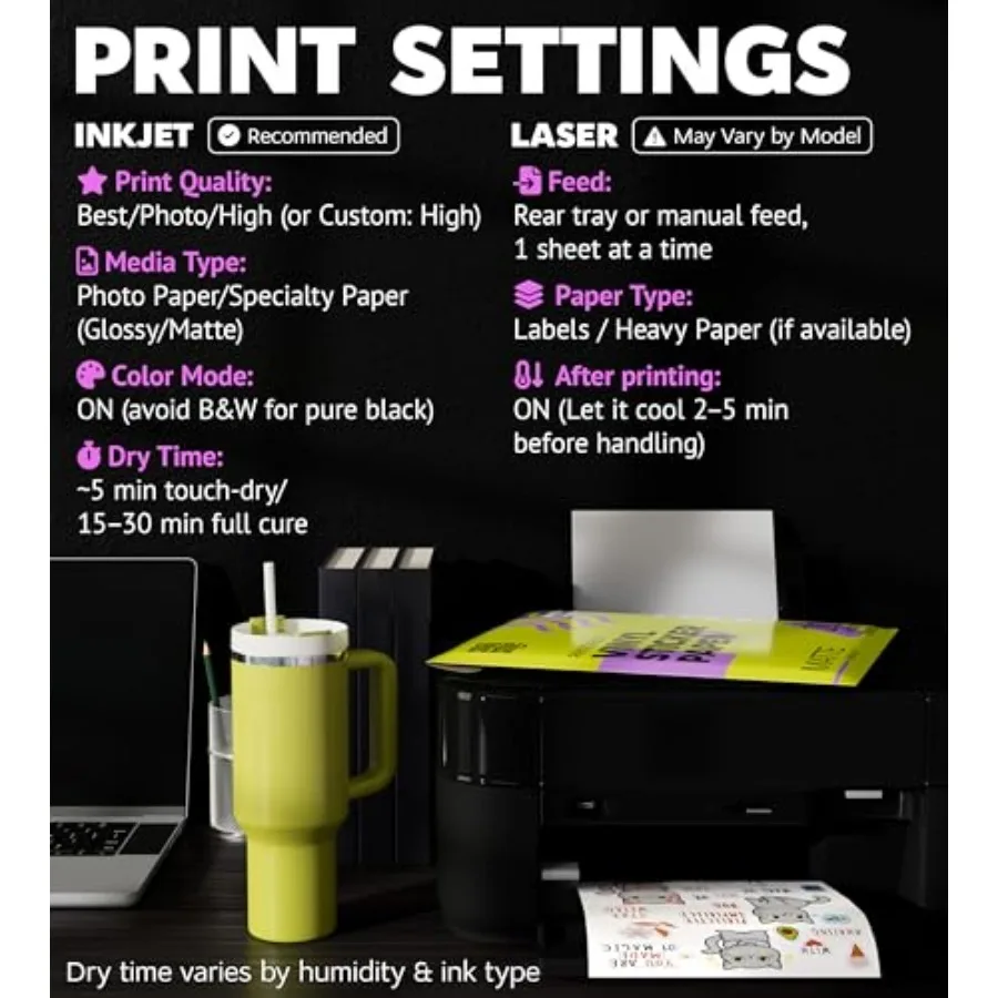Premium Printable Vinyl Sticker Paper for Inkjet Printer and Laser - 20 White Sticker Paper Waterproof - Durability Adhesive Pa