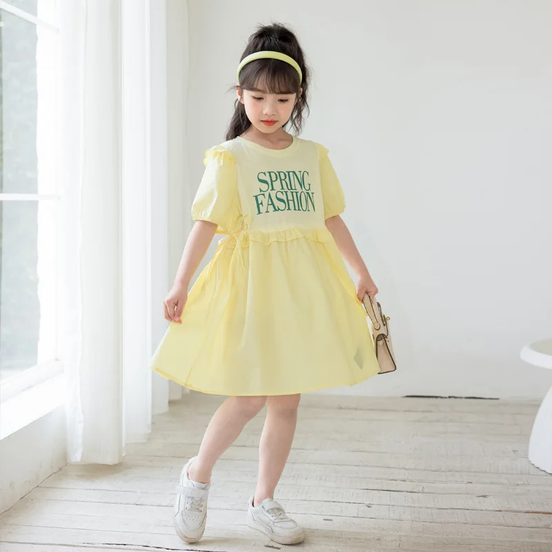 Girls Summer Dress Korean Puffed Sleeve Princess Dress Little Fresh Girls Dress 2024 Summer Big Children Skirt Simple Casual