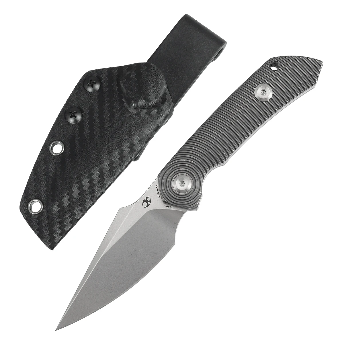 Kansept Fixed Knife KG3034 Fenrir 2.87'' Damascus/CPM S35VN+PEI/Gray Anodized Titanium Handle with Twill Carbon Fiber Sheath