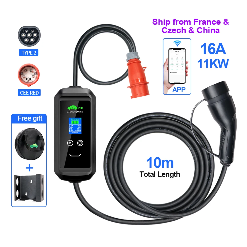 Kolanky 6/8/10/13/16A 11KW Oplader voor elektrische voertuigen Timer Type 2 Smart TuyaAPP Wifi-bedieningsset Laadtijd PHEV Hybride auto 10M