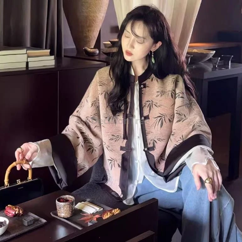 معطف بدلة تانغ صيني مطبوع عليه حبر عتيق لعام 2025 معطف خريفي فضفاض غير رسمي أنيق متعدد الاستخدامات ملابس زن فنية للأدب