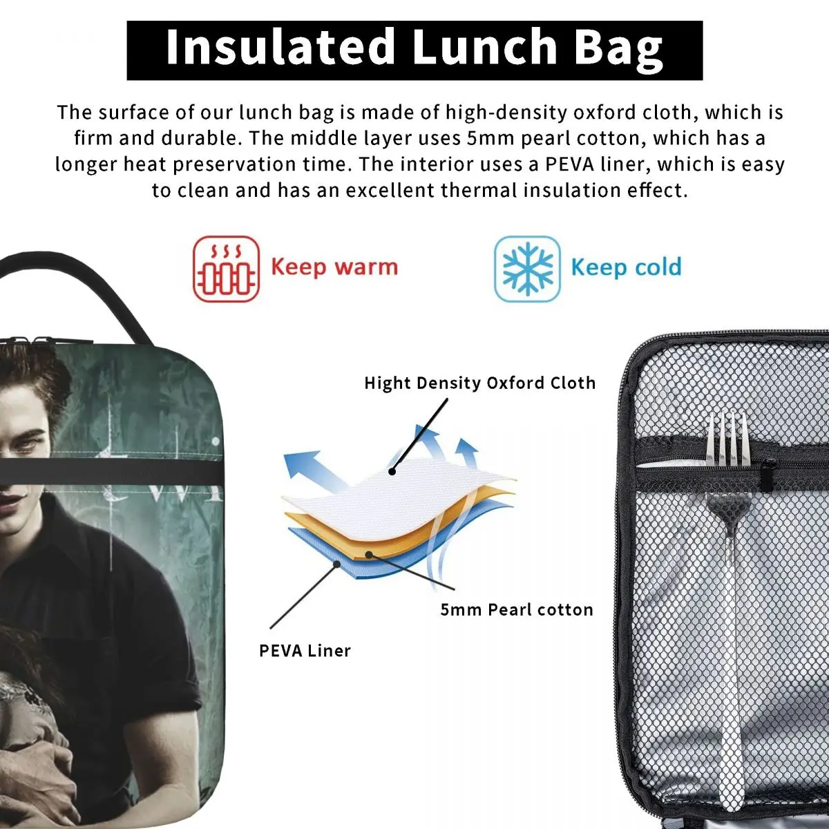 The Twilight Saga Edward Cullen Insulated Lunch Bag for Women Children Portable Food Boxes Thermal Lunch Box Tote
