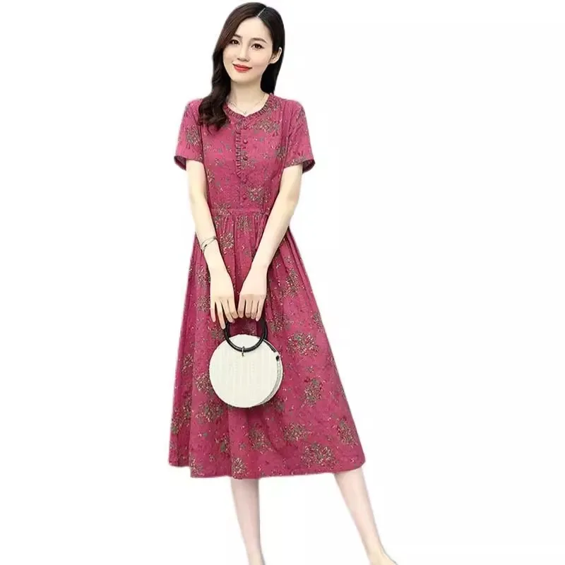 

Retro Floral Dress For Women 2024 New Summer Thin Waist Cinched Medium Long Age Reducing Mom Cotton And Linen Dress