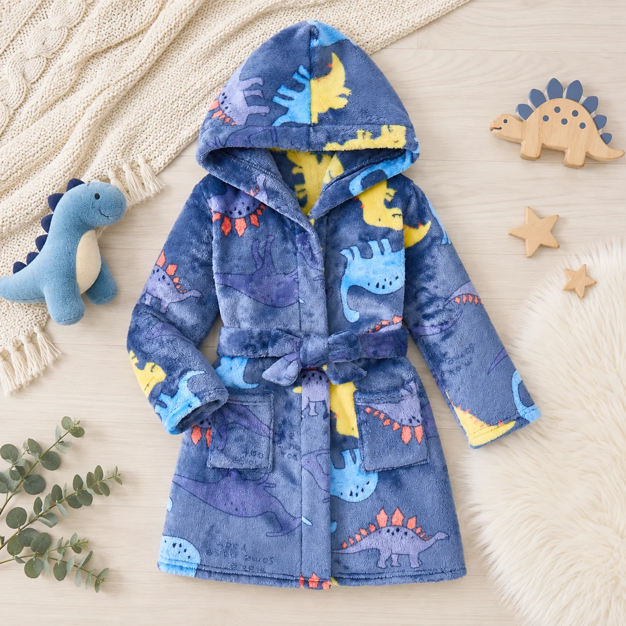 Boy Flannel Pajamas Robe Winter Children cartoon Dinosaur Sleepwear Soft Hooded Kids Homewear 9-24 Month-2-7 Years