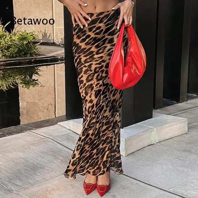 Sexy Leopard Print High Waist Mermaid Maxi Skirt Sheer Chiffon Ruffle Hem For Night Out And Party Outfit