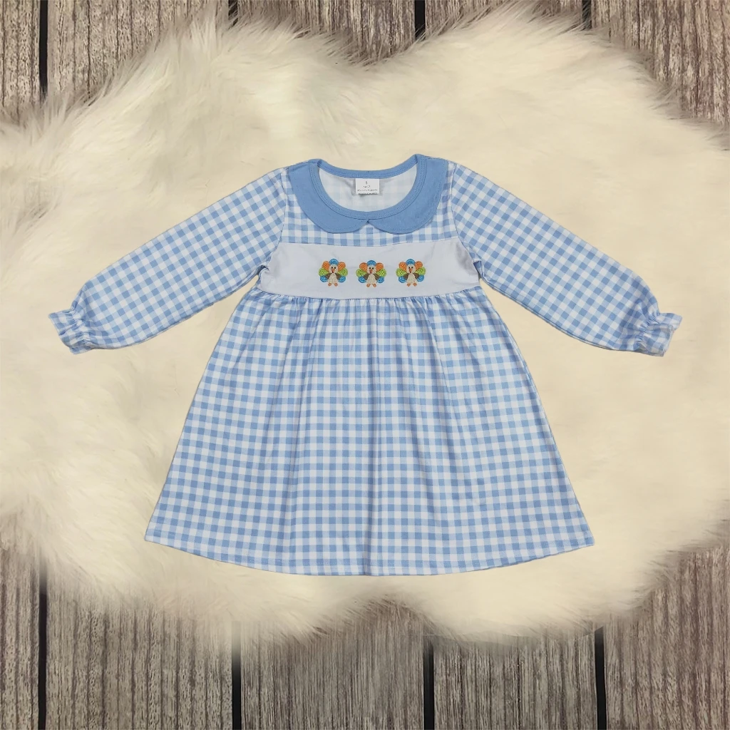 

Infant Toddler Thanksgiving Baby Girl Blue Plaid Long Sleeves Embroidery Thankful Dress Kids Children turkey Clothes Wholesale