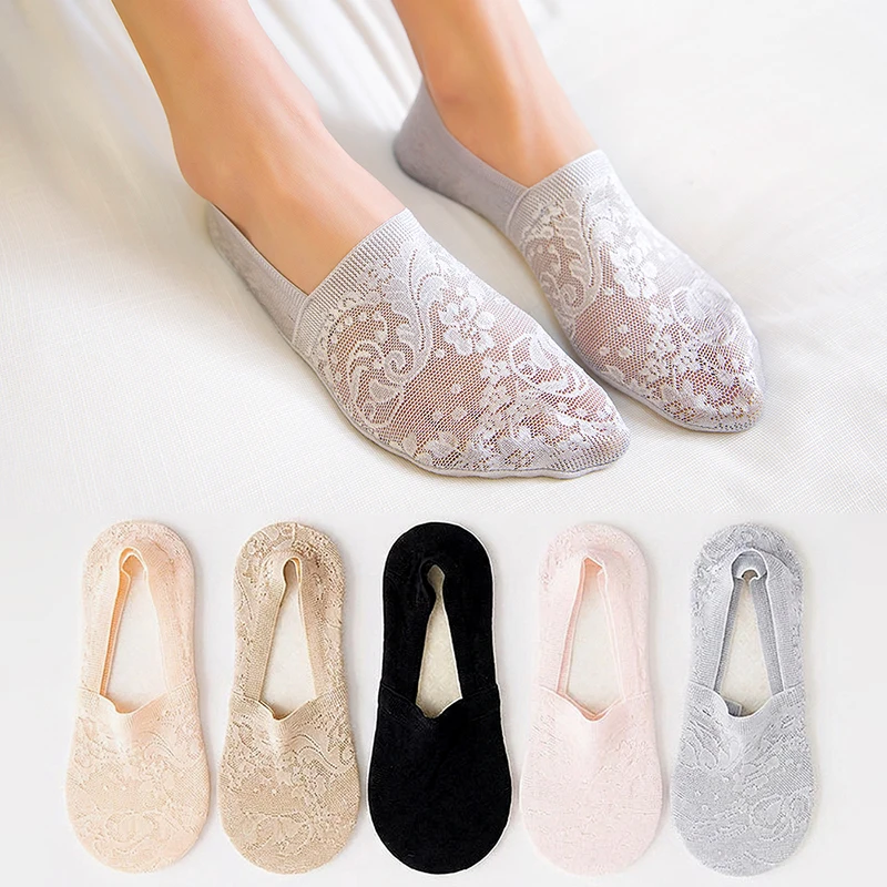 5 Pairs Classic Women Girls Summer Socks Casual Style Lace Flower Antiskid Thin Comfortable Invisible Socks