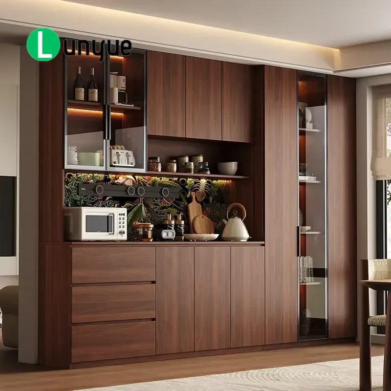 Custom Medieval Style Solid Wood Dining Side Cabinet Wall Mounted Floor to Ceiling Coffee Locker Walnut Oak Glass Home