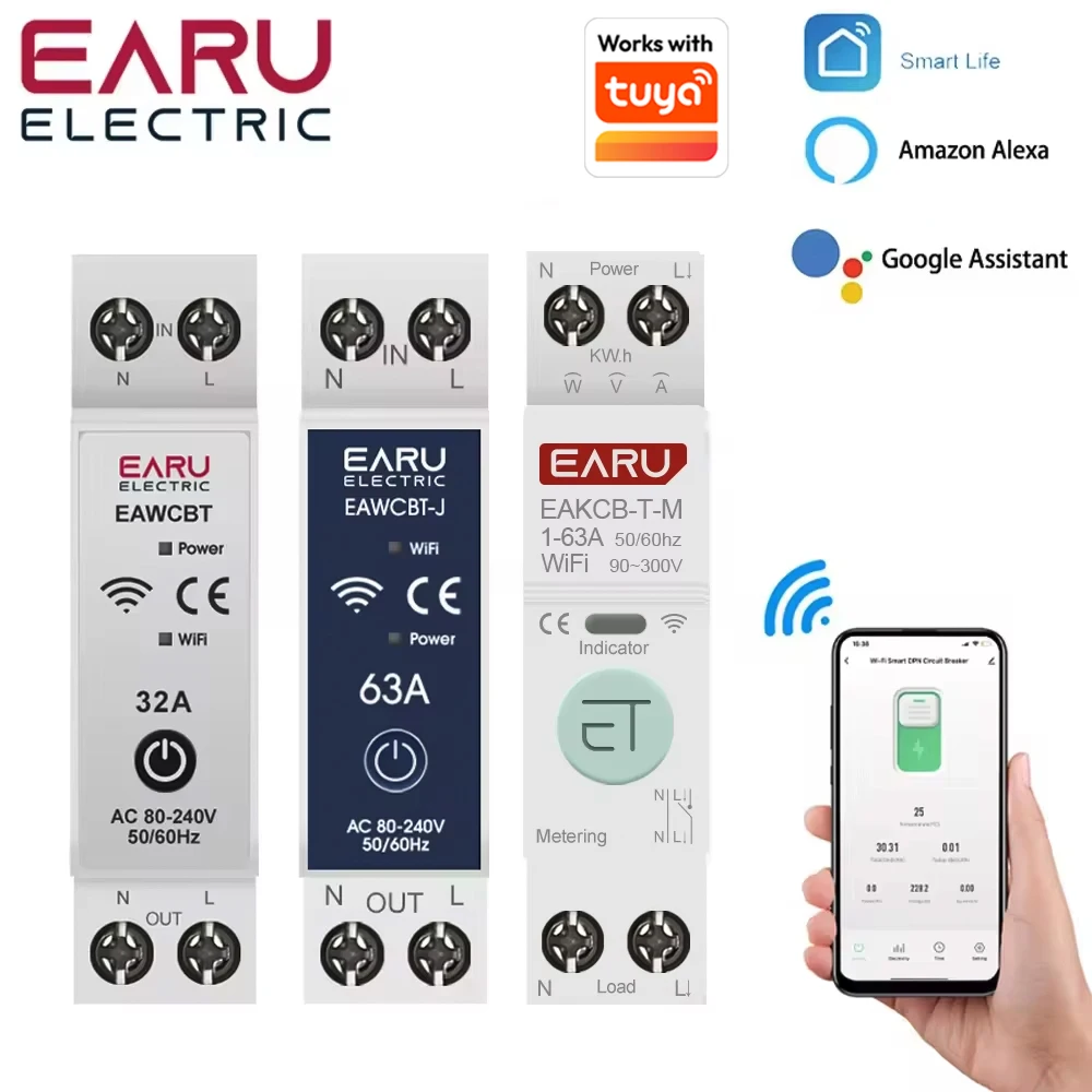 EARU Tuya WiFi Smart Circuit Breaker MCB 63A Timer Power Energy kWh Voltage Current Meter Protector Voice Remote Control Switch