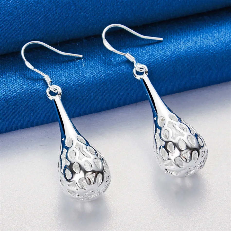 

1 Pair Of 925 Sterling Silver Exquisite Water Droplet Hollow Pendant Earrings For Women's Fashion Accessories Engagement Jewelry