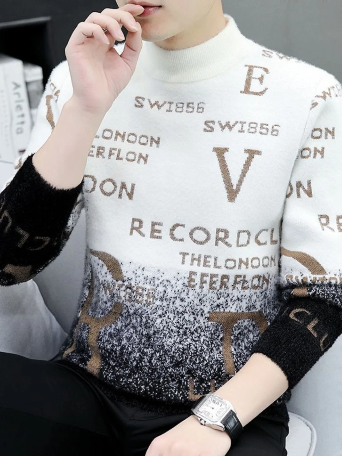 

Men's Thiened f-High Collar Sweater Winter adient Color Knitted Long Sve Casual Loose Fit Youth Faionable Design