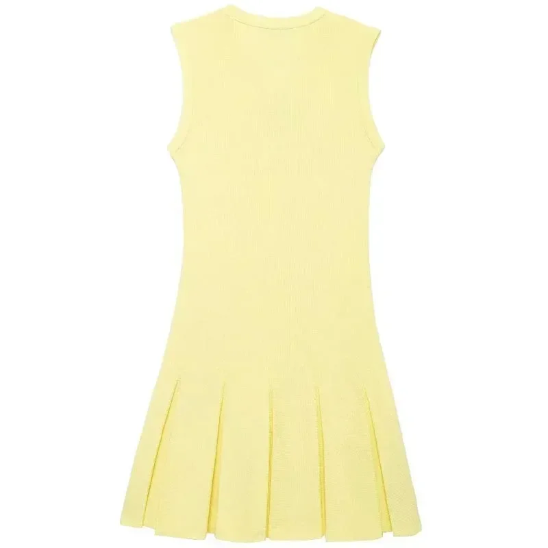 TRAF-vestidos curtos sem mangas de malha para mulheres, mini vestido plissado amarelo, gola redonda, tanque elegante, verão