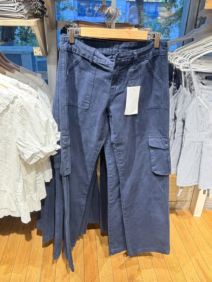Navy Vintage Pockets Cargo Pants Women Autumn Cotton High Waist Casual Straight Trousers New Solid All-match Wide Leg Pants Y2k