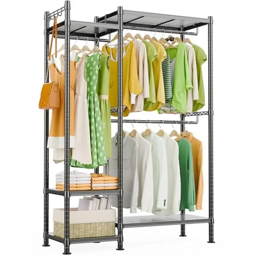 Portable Wire Clothing Rack with Shelves Heavy Duty Clothes Hanging Rods Adjustable Wardrobe Freestanding Carbon Steel Rack