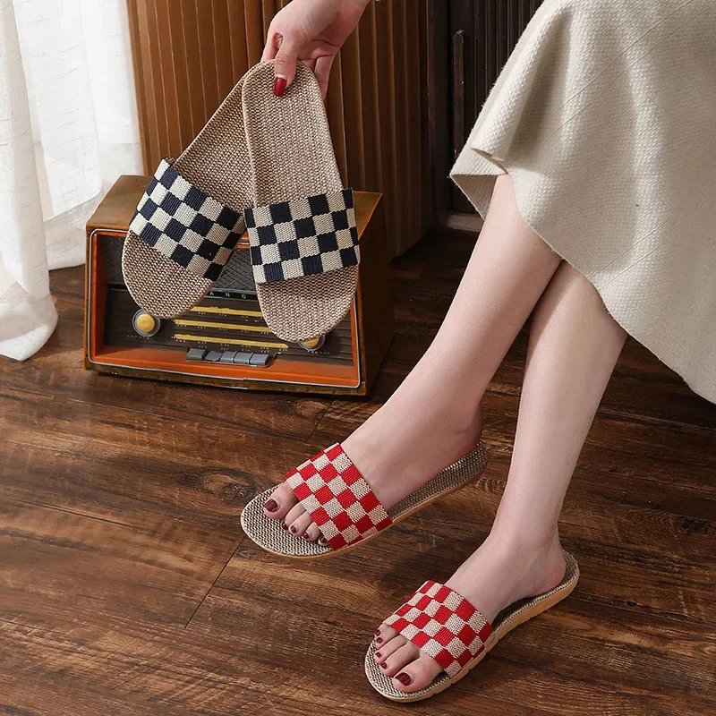 New Checkerboard Linen Slippers Women 2022 Summer Indoor Home Shoes Household Non-slip Couple Four Seasons Men\'s Sandals Y