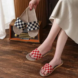 New Checkerboard Linen Slippers Women 2022 Summer Indoor Home Shoes Household Non-slip Couple Four Seasons Men's Sandals Y