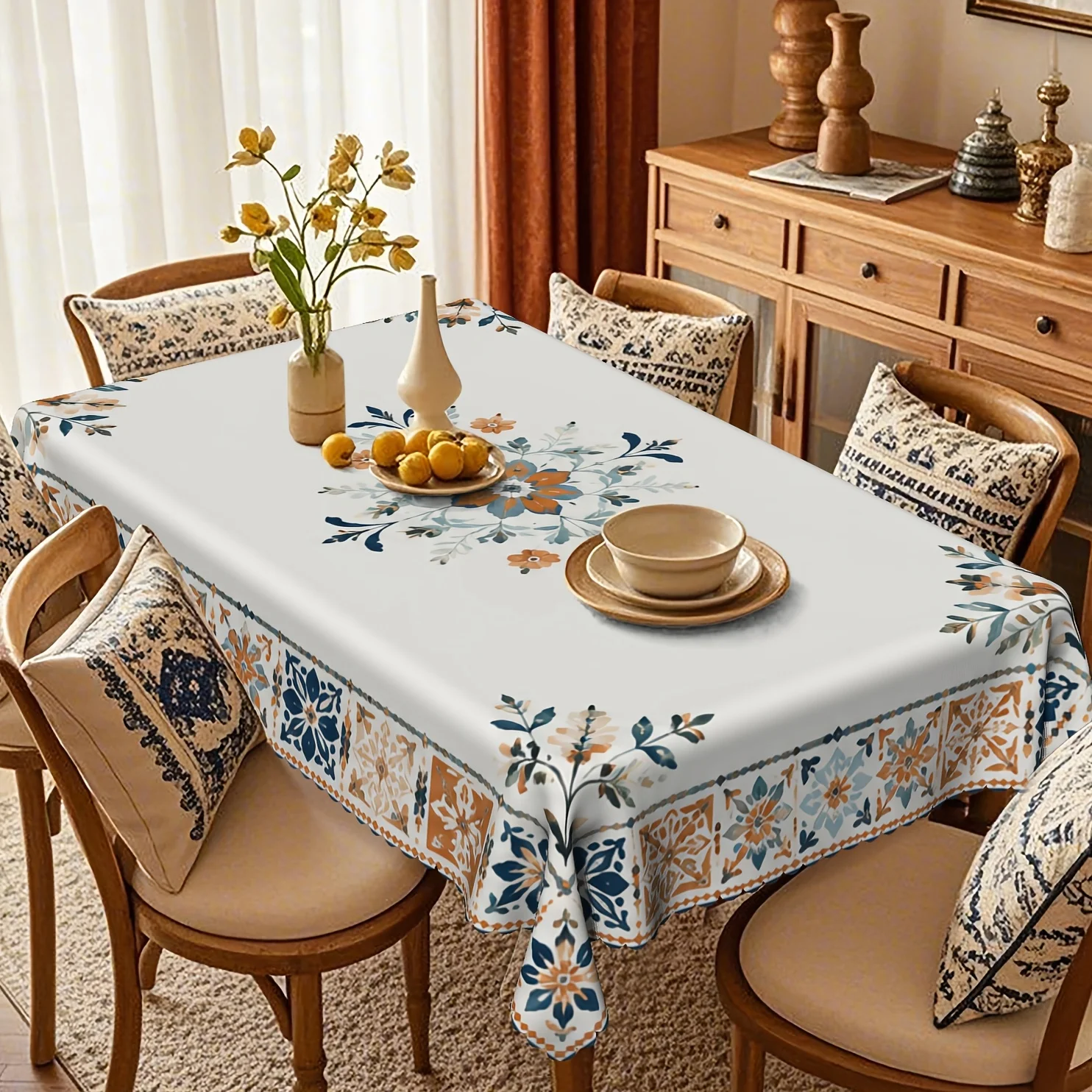 One polyester tablecloth with floral pattern and geometric border design, in navy blue color.