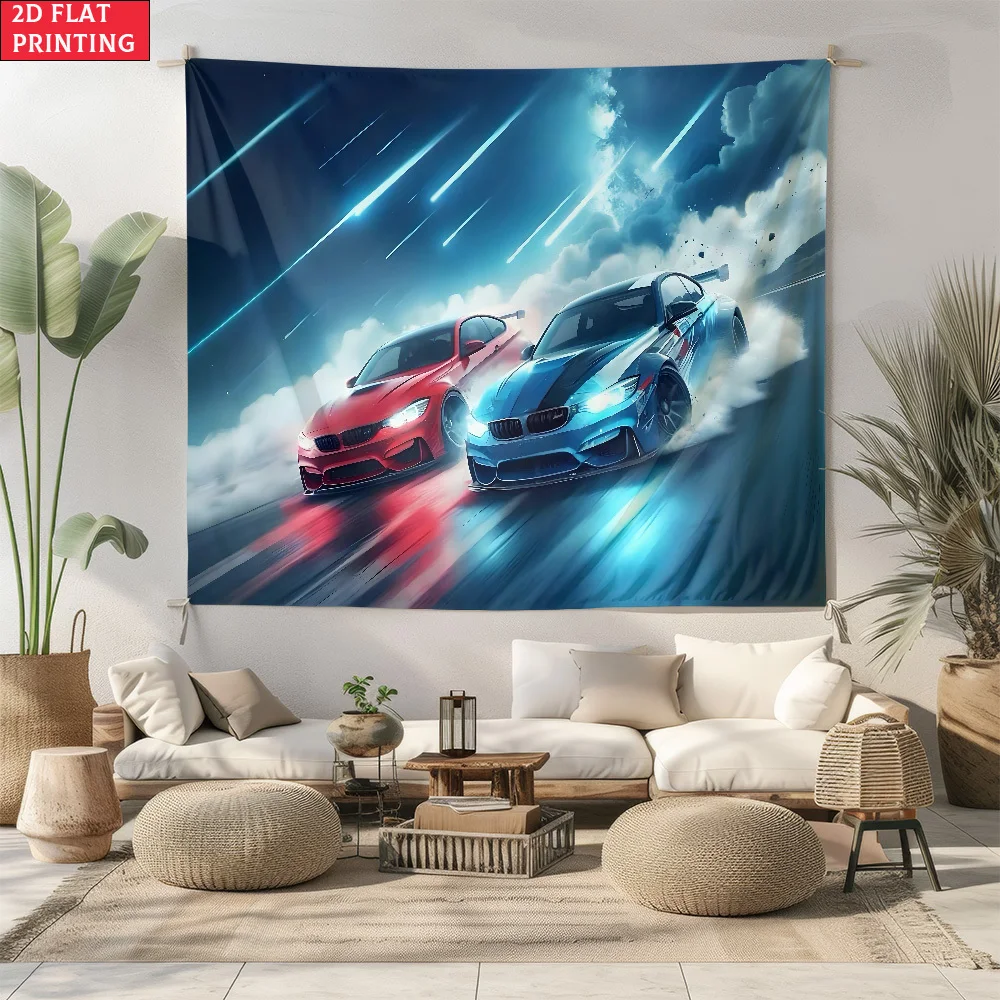 Red Blue M Series Sports Car Tapestry, Dual Racing Cars on Mountain Road Wall Hanging, Car Lover Room Decor suitable offices