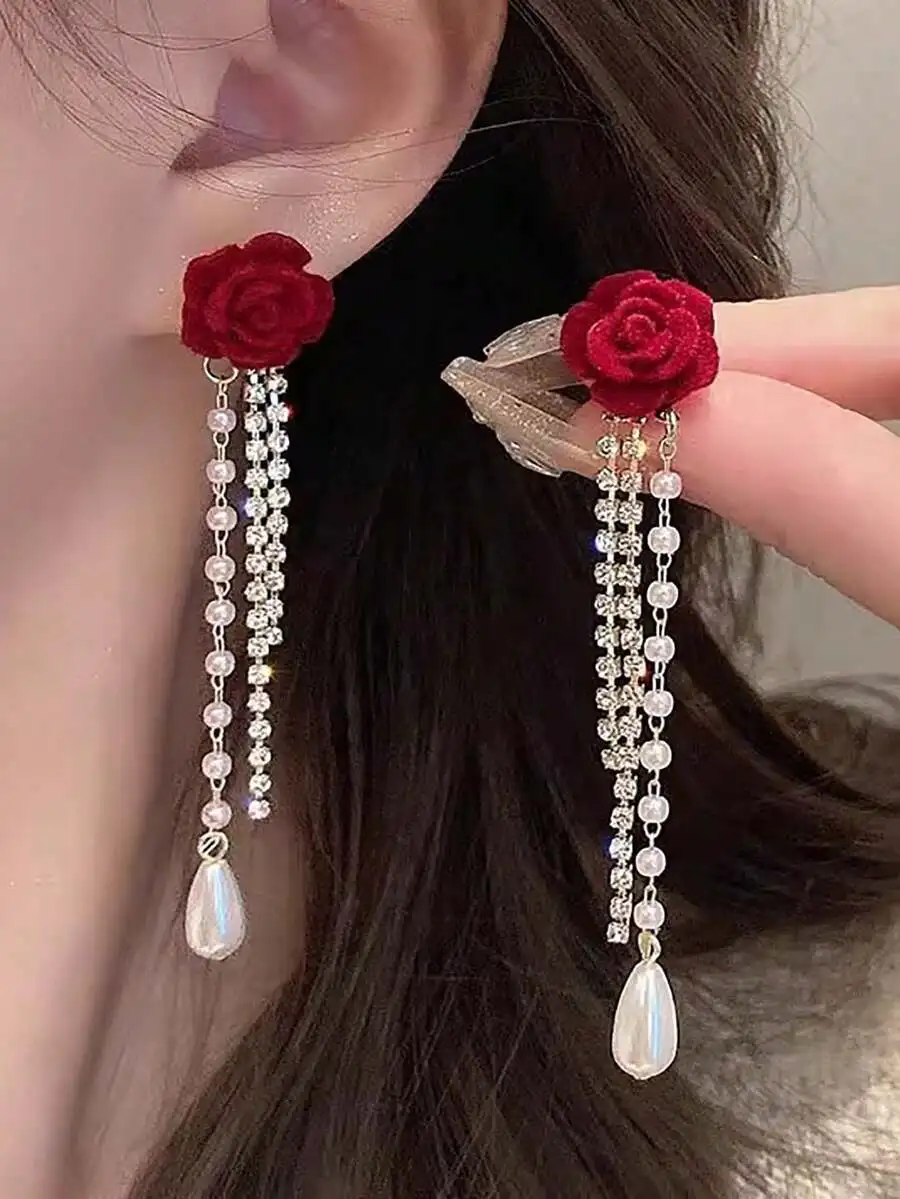 Elegant Burgundy Flocked Flower Pearl Drop Earrings