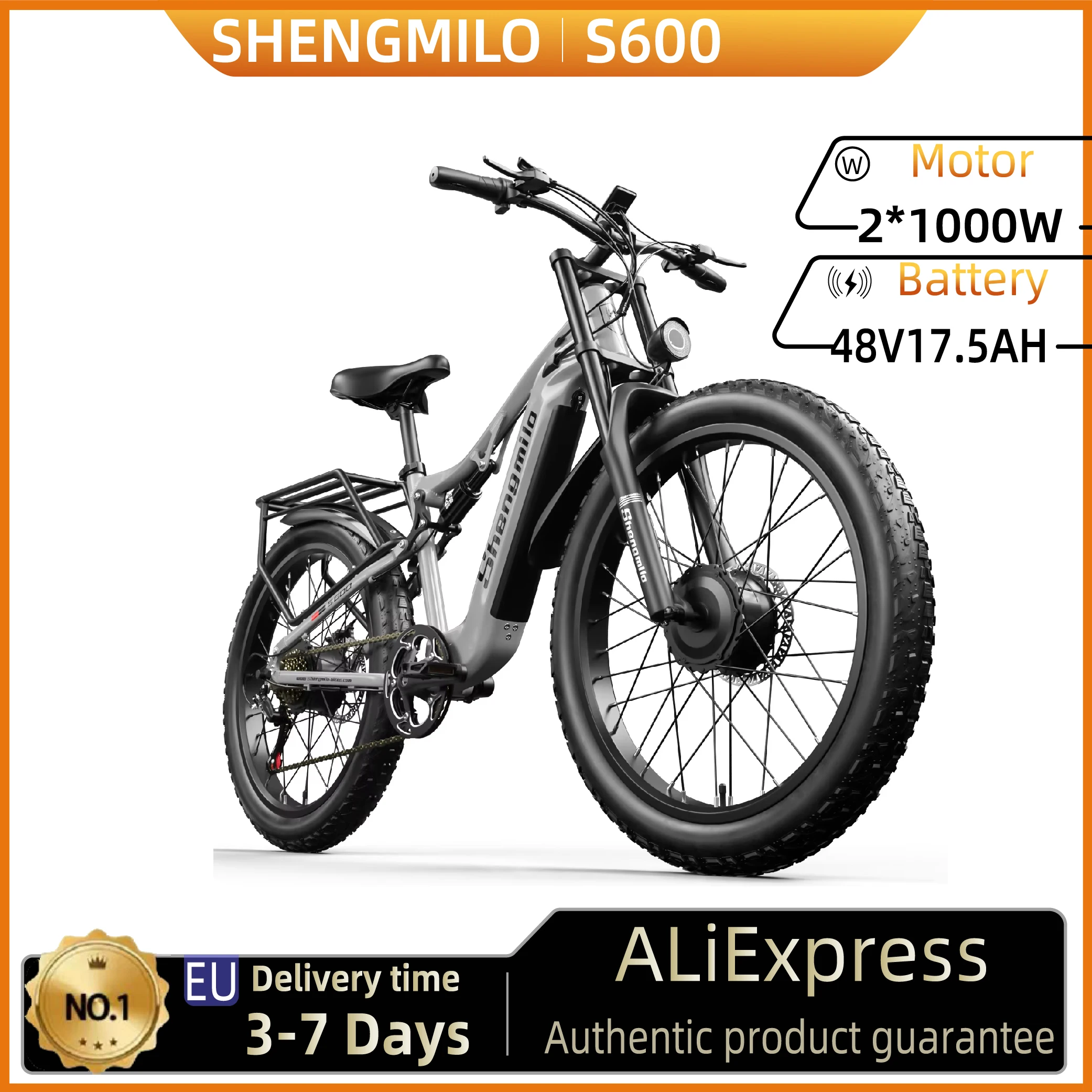 Shengmilo S600 bicicletta elettrica per adulti 2000W E-Mountain ebike da uomo con due motori, batteria 48 v840wh, bici elettrica per pneumatici grassi da 26