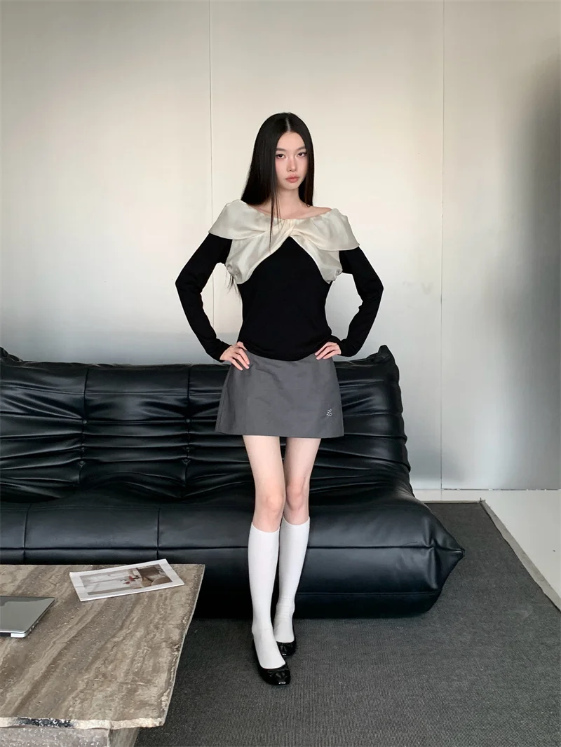 CHEERART Designer 2025, Herbst-Strickoberteil, Langarmbluse, Damenfliege, schwarze Strickwaren, niedliche modische Top-Kleidung