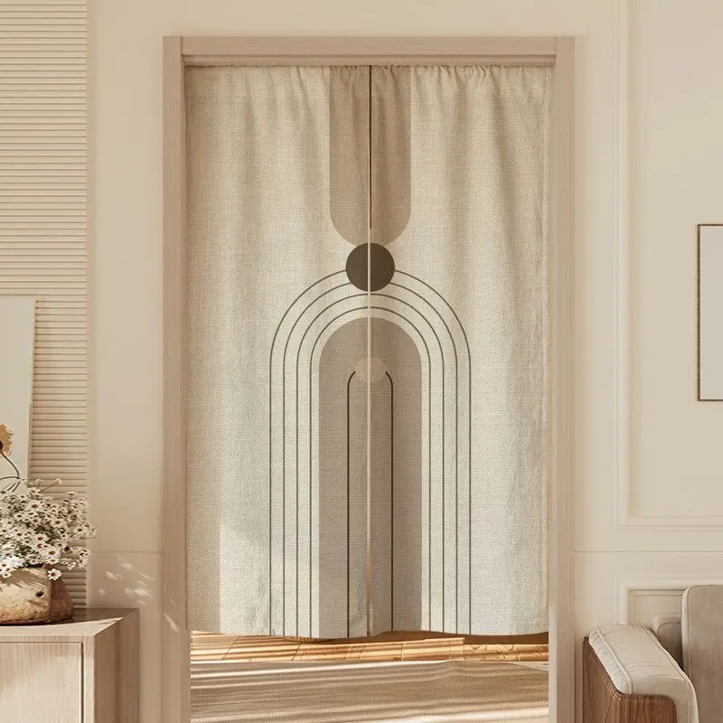 VIKAMA Beige Geometric Arch Dot Line Door Curtain Brown Circle Abstract Curve Minimalist Nordic Art Linen Noren Bedroom Kitchen