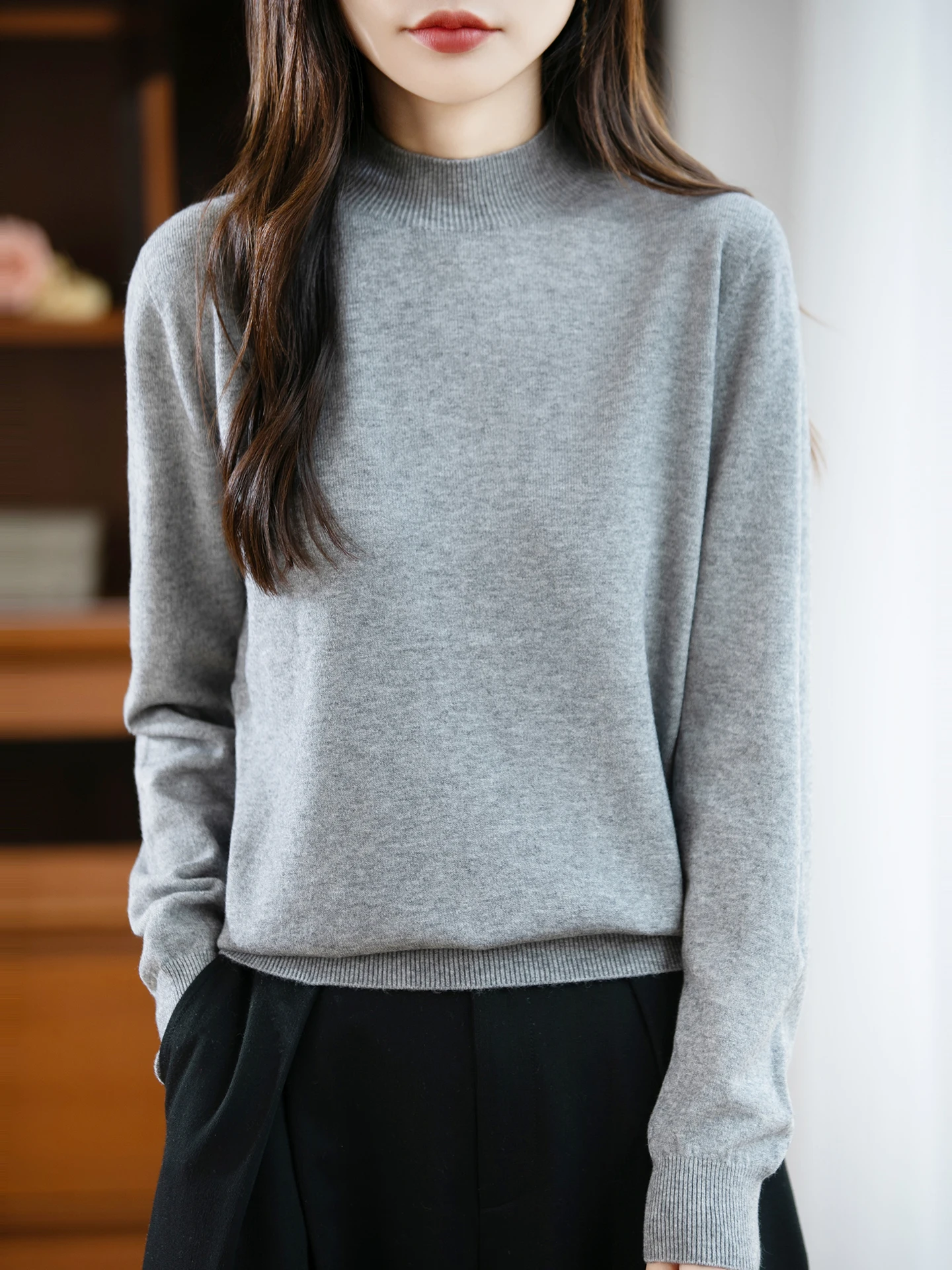 

Классический осенне-зимний женский свитер, базовый женский трикотаж из мериносовой шерсти, пуловер с воротником-стойкой, однотонная одежда с длинными рукавами, топ, Джерси