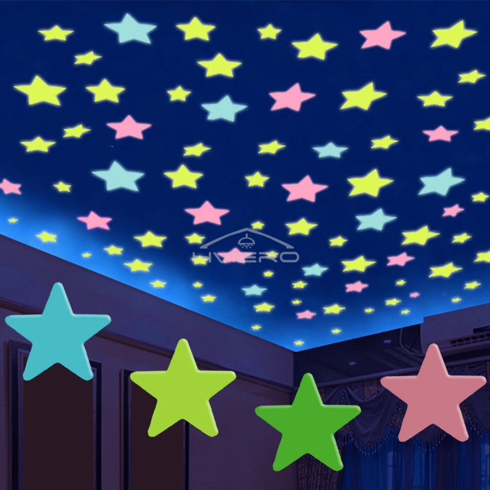 50X Glowing 3D Stars Glow in Dark on Wall Decoration Stickers Kids Baby Room Bedrooms Ceilings Home Fluorescent Pentagram Paper