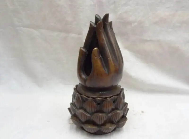 Tibet Bronze Buddhist Lotus Pray Buddha Hand Statue Box Incense Burner Censer