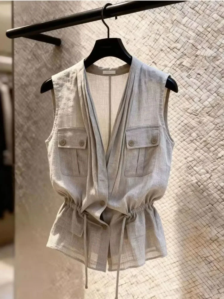 French Vintage Shirts Vests Sleeveless V Neck Solid Color Draw String Female Slim Blouses Design Tops All Match Women's Clothing