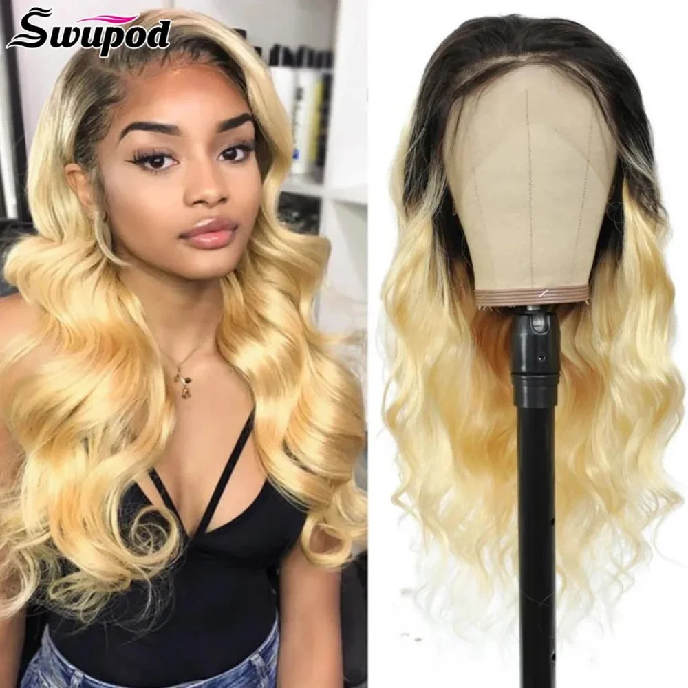 Swupod Body Wave Remy Human Hair 13x4 HD Lace Front Wig for Women 1B613 Ombre Honey Blonde Black Frontal Glueless Pre Plucked